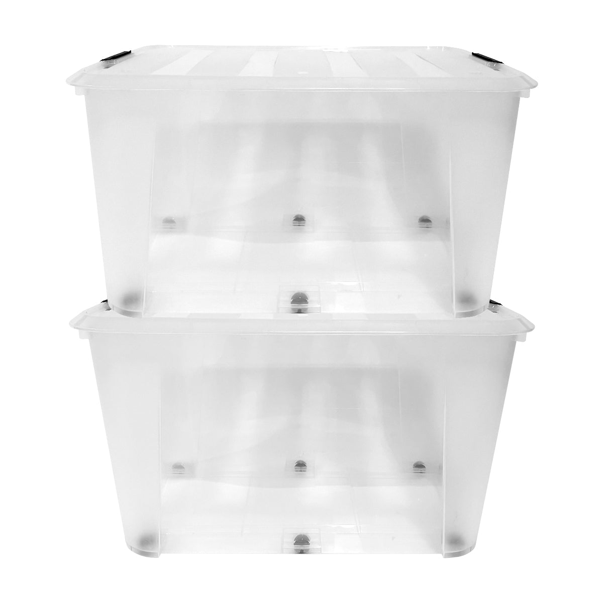 Set de 2 contenedores de almacenamiento AG Box de 90 litros en plástico transparente con tapas de seguridad sobre fondo blanco