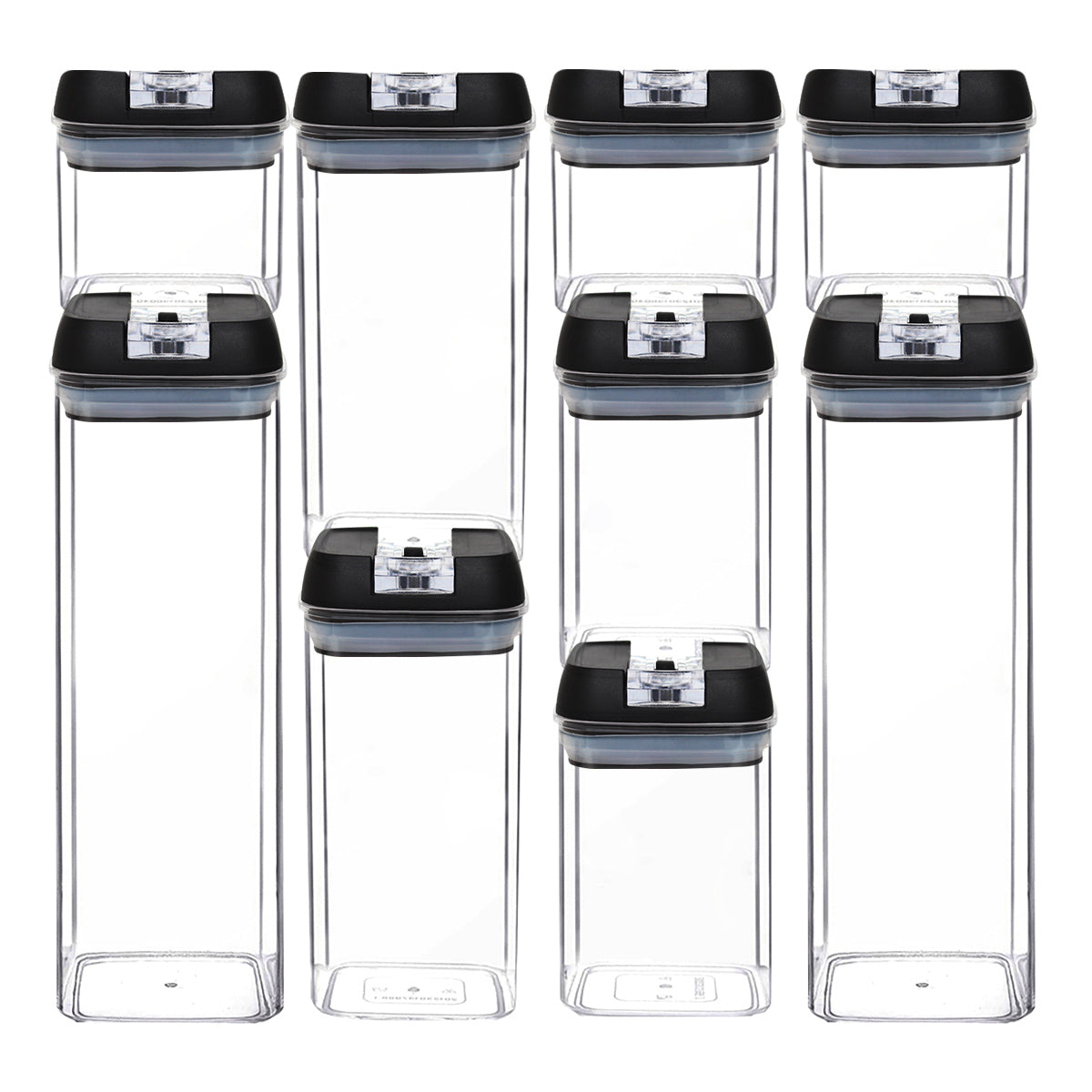 Set de 9 contenedores hermeticos para cocina con tapas negras y cuerpo transparente AG Box