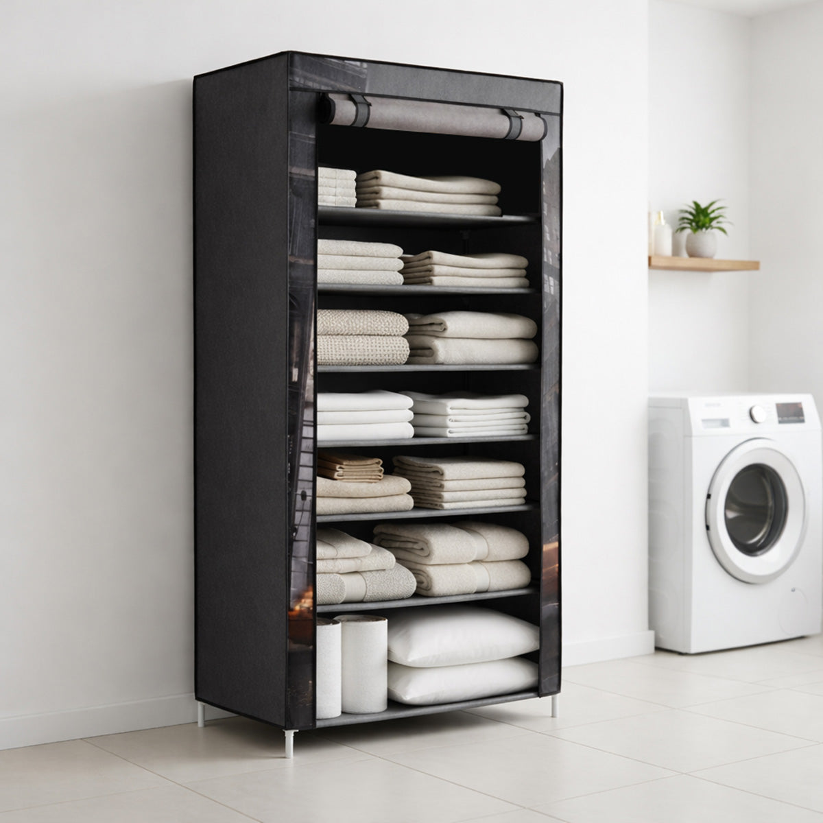 Sistema de clóset portátil AG Box en entorno residencial organizado, demostrando la capacidad de carga vertical y la estética del diseño impreso