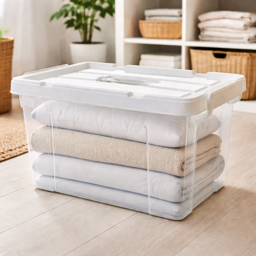 Tapa con broches laterales a presion en contenedor transparente para proteccion total