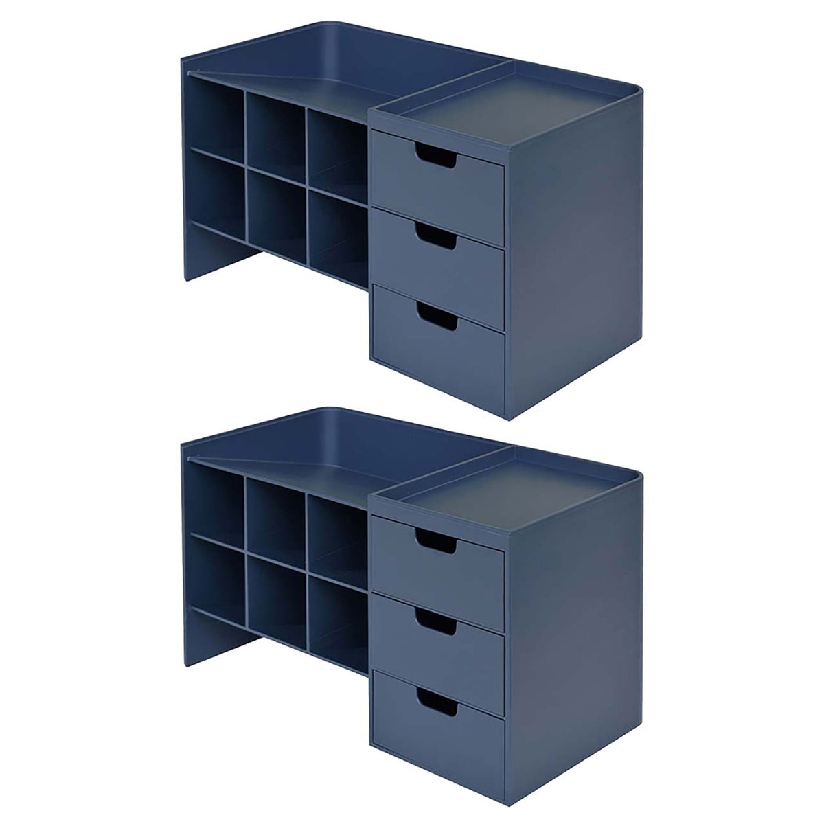 Vista técnica del set de 2 organizadores de escritorio modulares AG Box en acabado Azul Prussian sobre fondo neutro