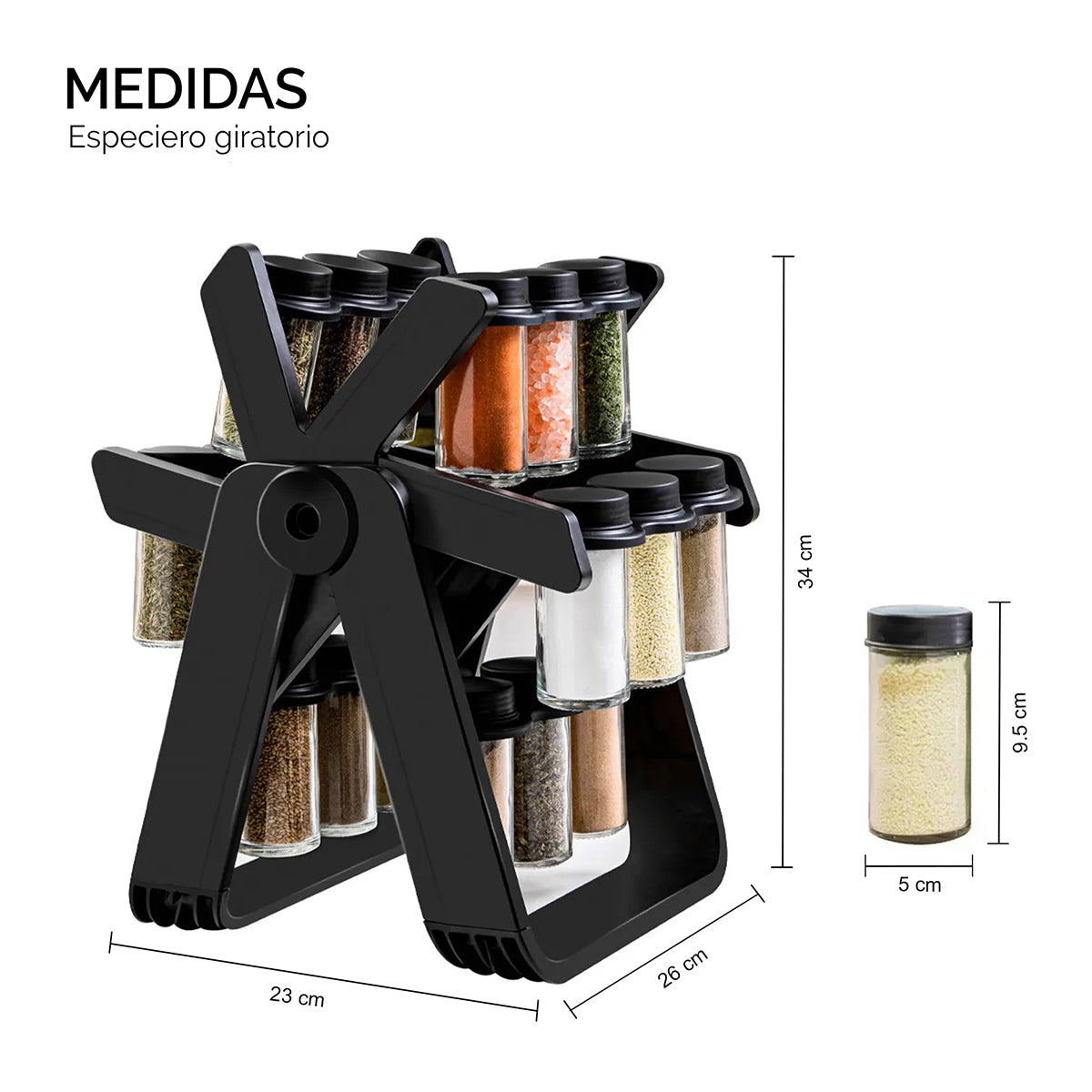 infografia con las medidas del especiero ag box negro 
