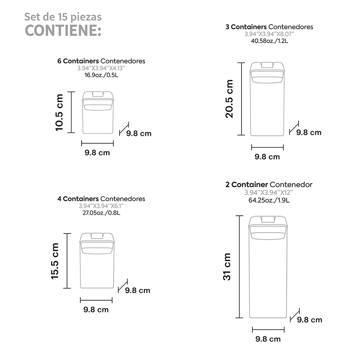 infografia de los 4 tamaños de recipientes apilables 0.5L 0.8L 1.2L y 1.9L