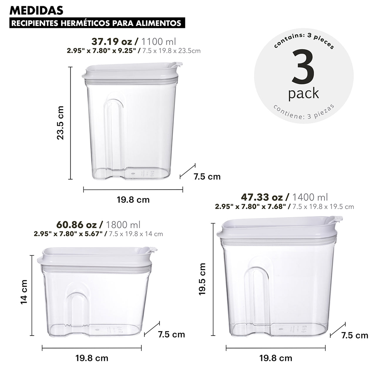squema técnico dimensional de los 3 contenedores (1.1L, 1.4L y 1.8L) resaltando la optimización de volumen y el sistema de apilamiento vertical